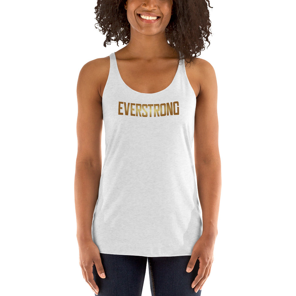 Model wearing EVERSTRONG women's racerback tank top with gold lettering, showcasing a soft and stylish design.