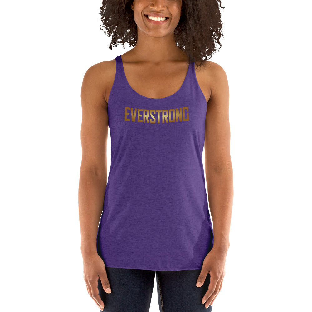 Woman wearing purple EVERSTRONG women's racerback tank top with stylish design, showcasing form-fitting and lightweight fabric.