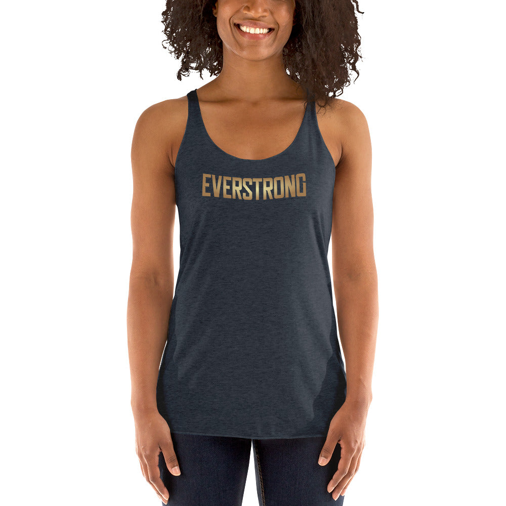Woman wearing purple EVERSTRONG women's racerback tank top with stylish design, showcasing form-fitting and lightweight fabric.
