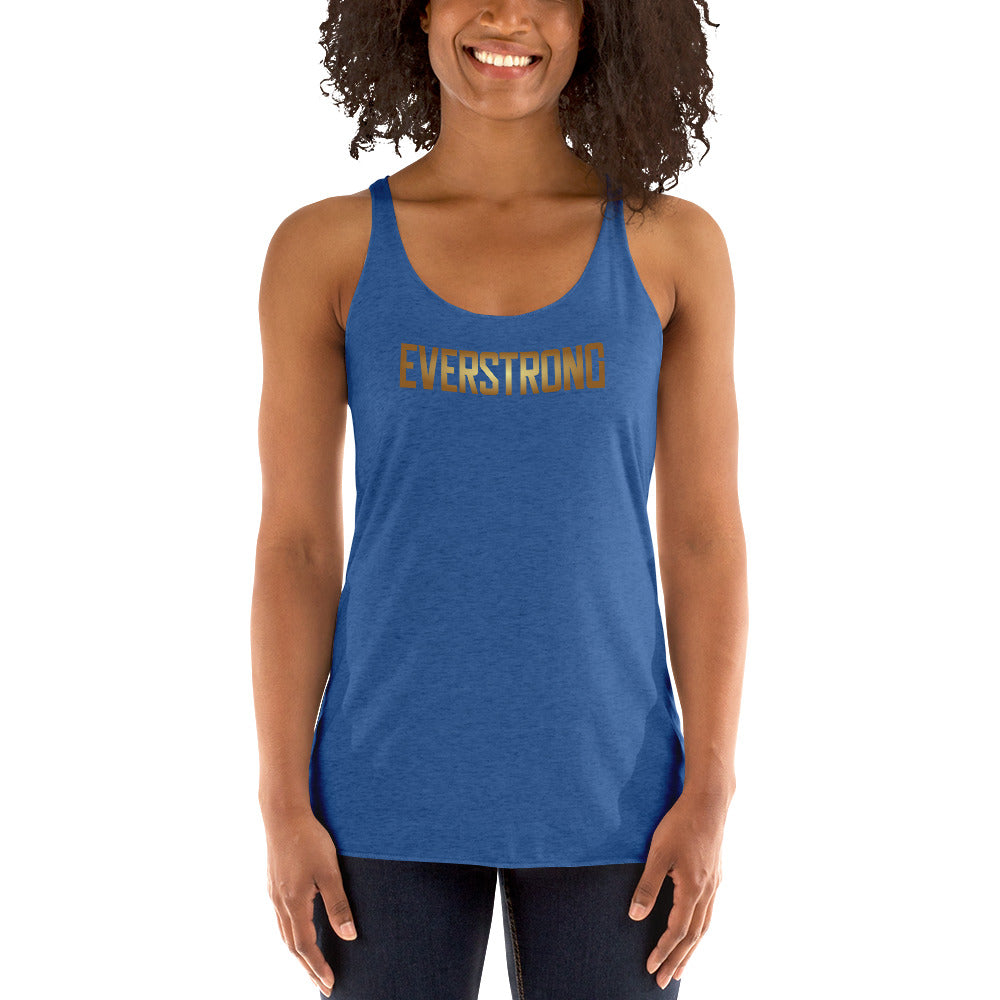 Model wearing a blue EVERSTRONG women's racerback tank top featuring raw edge seams and a flattering fit.