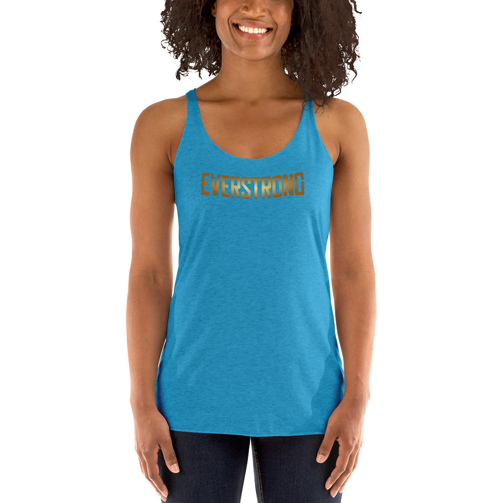 Women wearing a blue EVERSTRONG racerback tank top, featuring a stylish design and lightweight fabric.