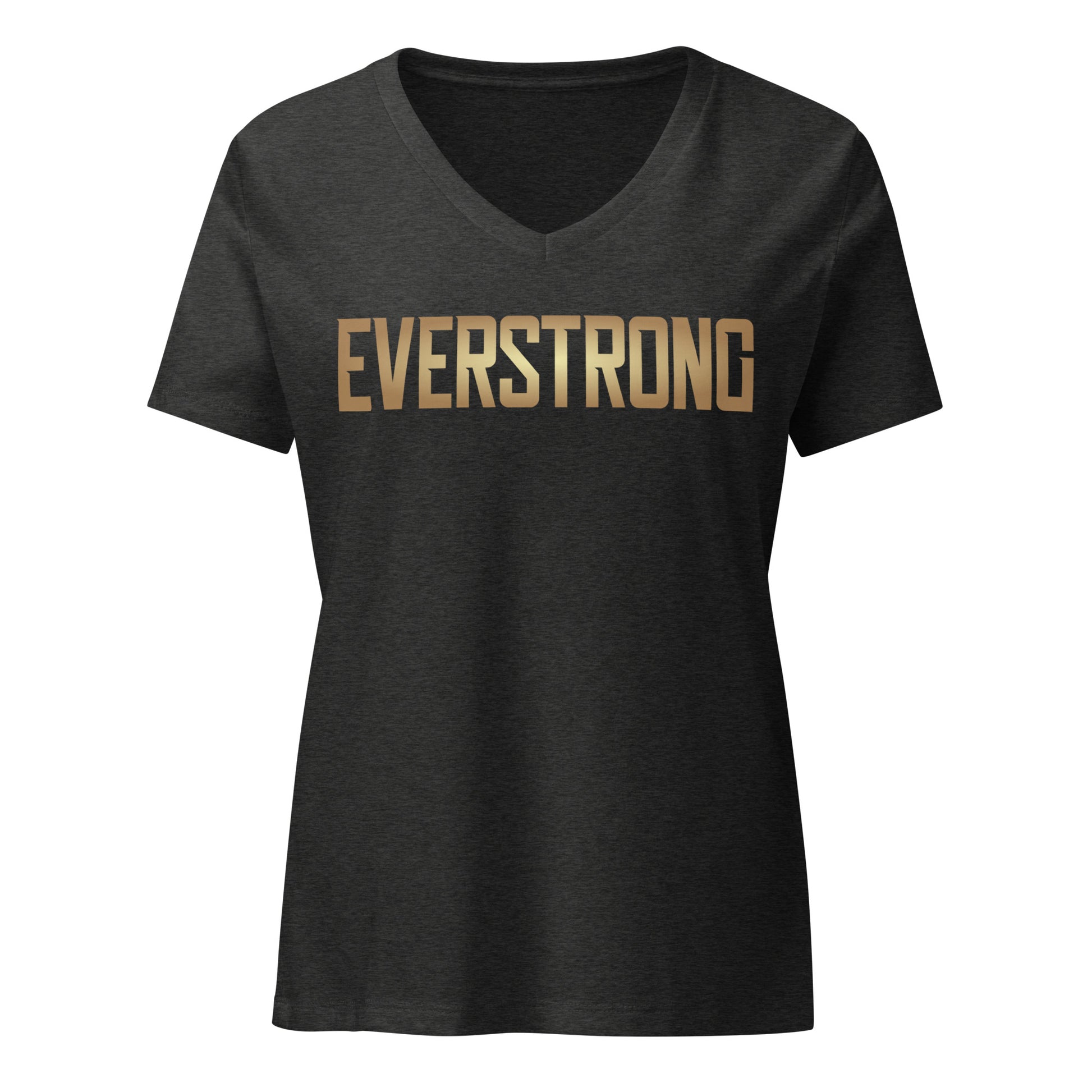 EVERSTRONG women's relaxed V-neck t-shirt in dark heather gray with stylish gold lettering.