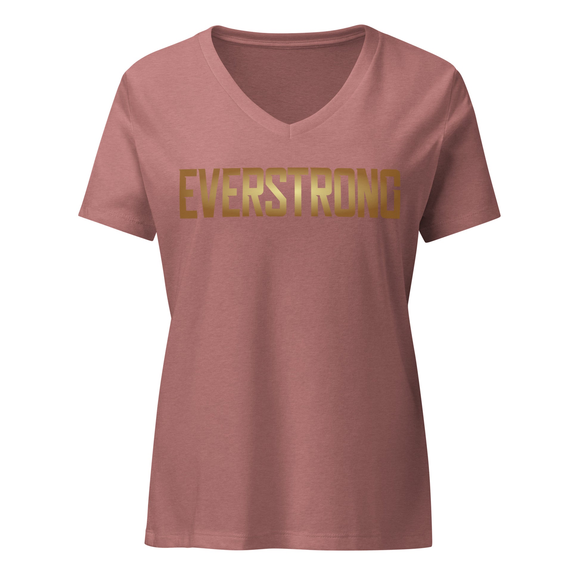 EVERSTRONG women's relaxed V-neck t-shirt in rose color with gold text, perfect for comfort and style.