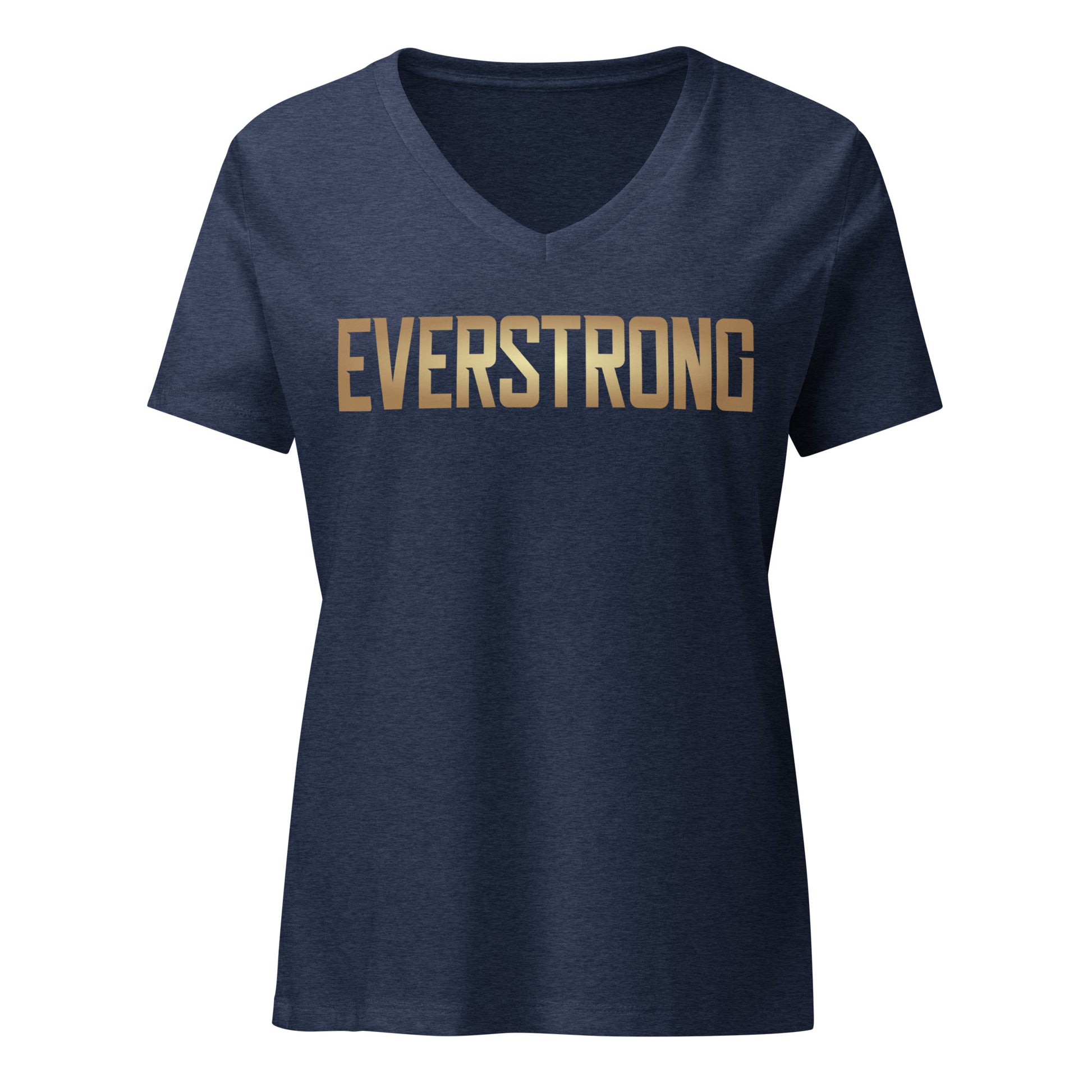 EVERSTRONG women's relaxed V-neck t-shirt in navy with gold lettering, perfect for style and comfort in everyday wear.