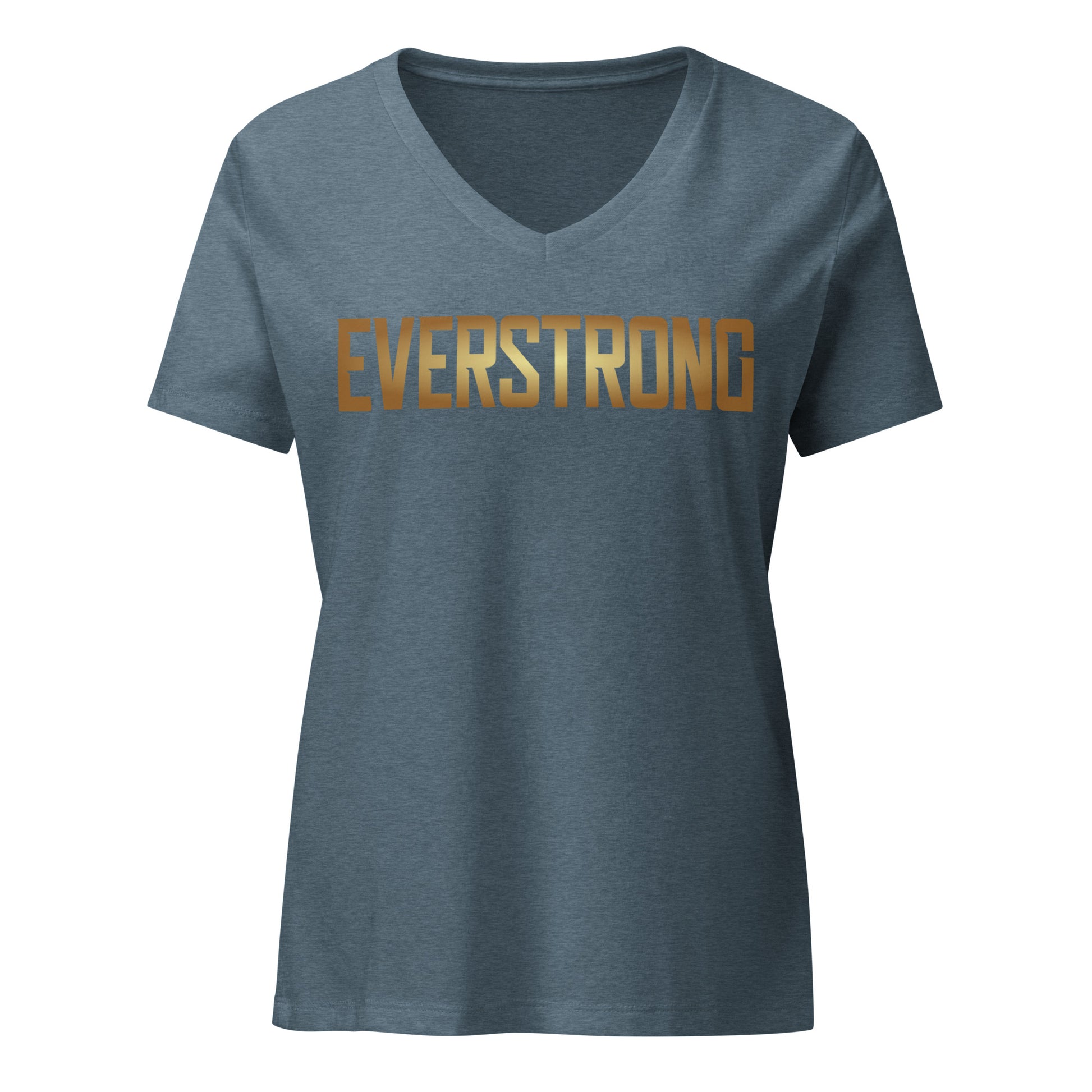 EVERSTRONG women's relaxed V-neck t-shirt in blue with gold text, designed for comfort and style.