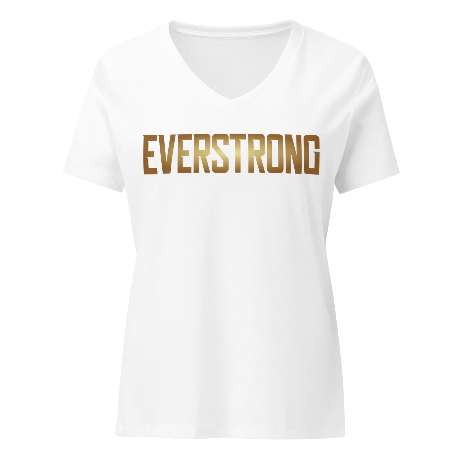 EVERSTRONG women's relaxed V-neck t-shirt in white with gold lettering, showcasing comfort and style.